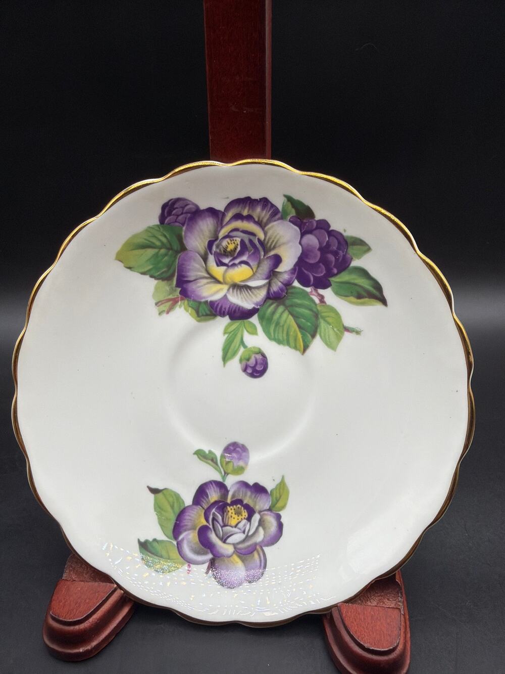 Vintage Rosina English Bone China Purple Rose Berry Saucer 5.5" Gold Rim